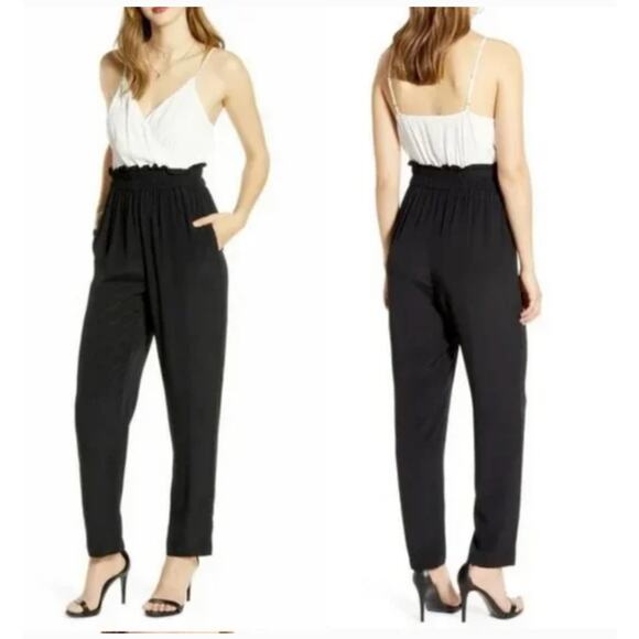Leith Jumpsuit Womens Medium Black White Paperbag Surplice V Neck - Picture 1 of 10